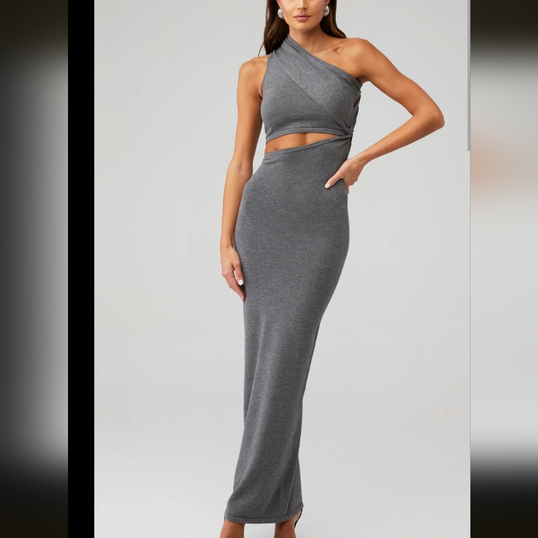 Ronny Kobo Collection Gray One-Shoulder Maxi Dress